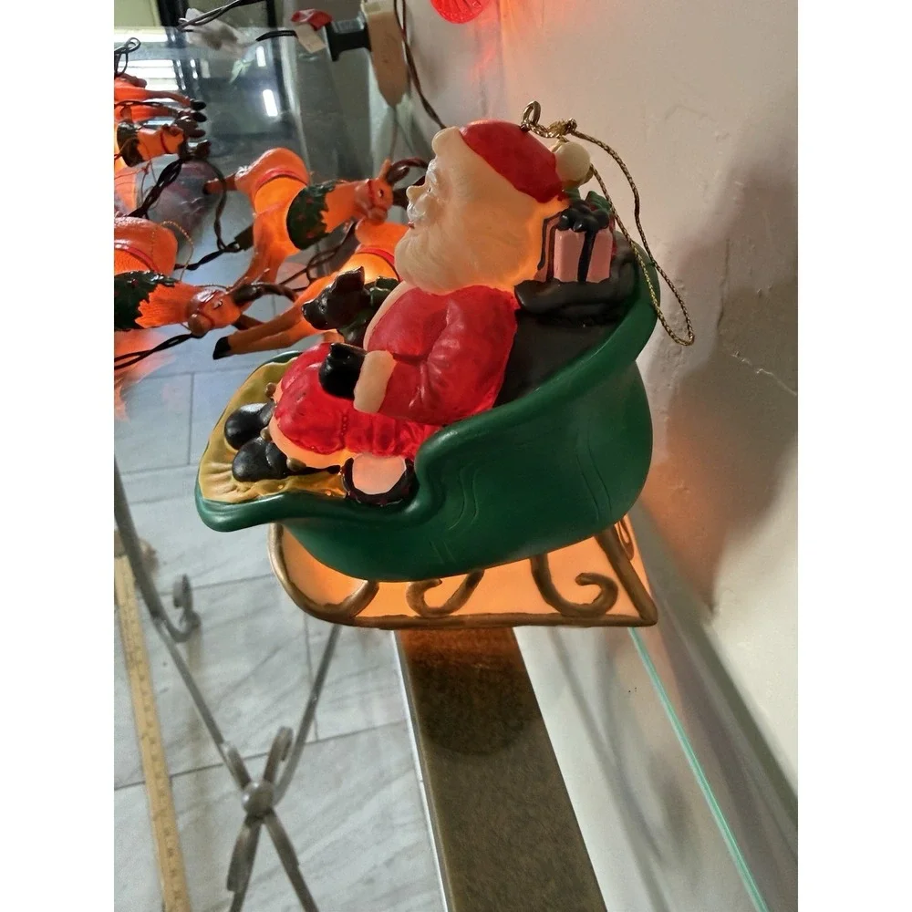 Vintage Kurt Adler Lighted SANTA Sleigh 8 Reindeer Novelty Christmas Lights